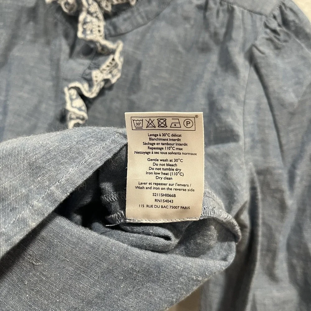 Sézane Chlo Blue Chambray Denim Lace Eyelet Embroidered‎ Shirt Size EU 34